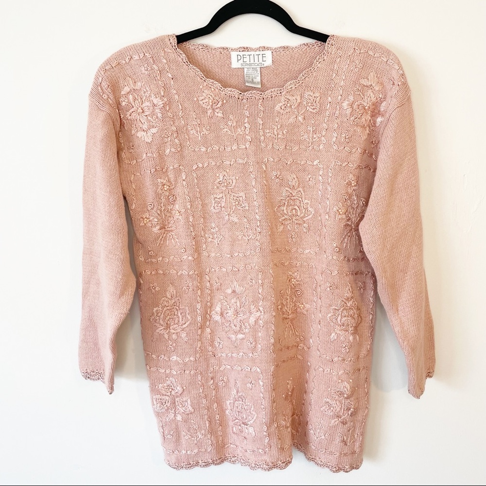 Vintage Floral Embroidered Beaded Petite Sweater